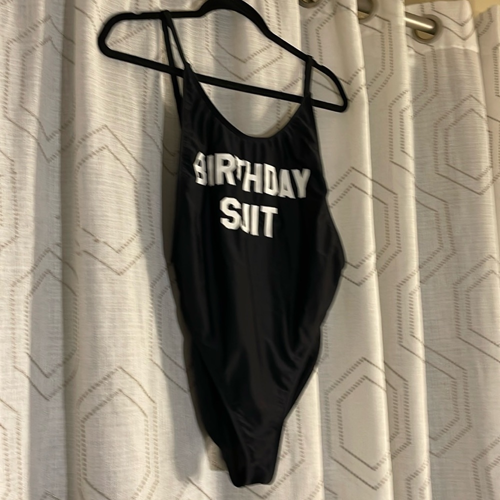 Women’s L Birthday Bathing Suit Black/White Spaghetti Non Adj Straps Low Back